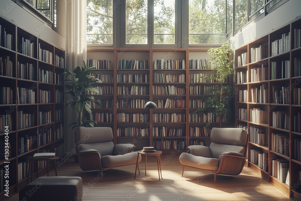 Grand Library with Double-Height Ceiling and Wooden Bookshelves