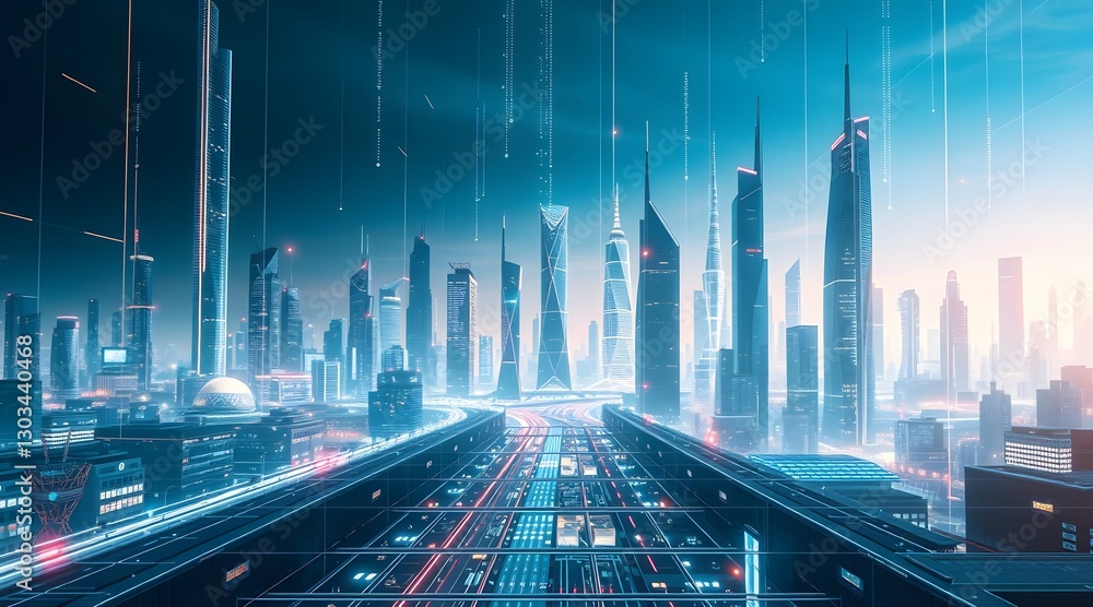 Obraz premium Futuristic cityscape featuring neon lights, advanced architecture, and a vibrant skyline under a glowing sunset.