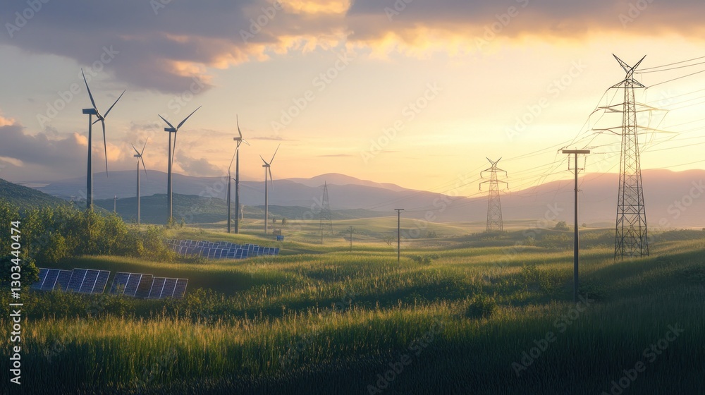 Fototapeta premium Sunrise over wind and solar farms