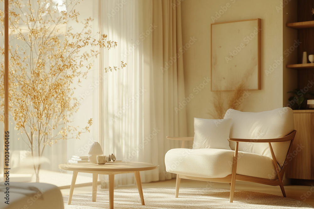Cozy Neutral-Toned Living Room with Soft Drapes