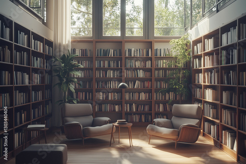 Obraz na płótnie Grand Library with Double-Height Ceiling and Wooden Bookshelves w salonie