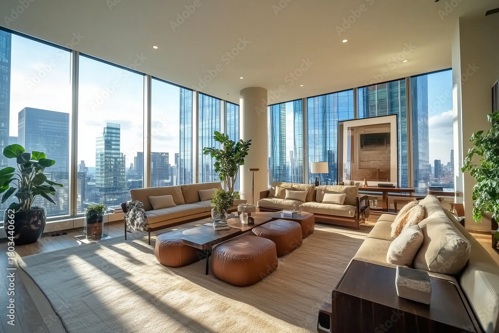 High-Rise Penthouse Lounge with City Skyline View