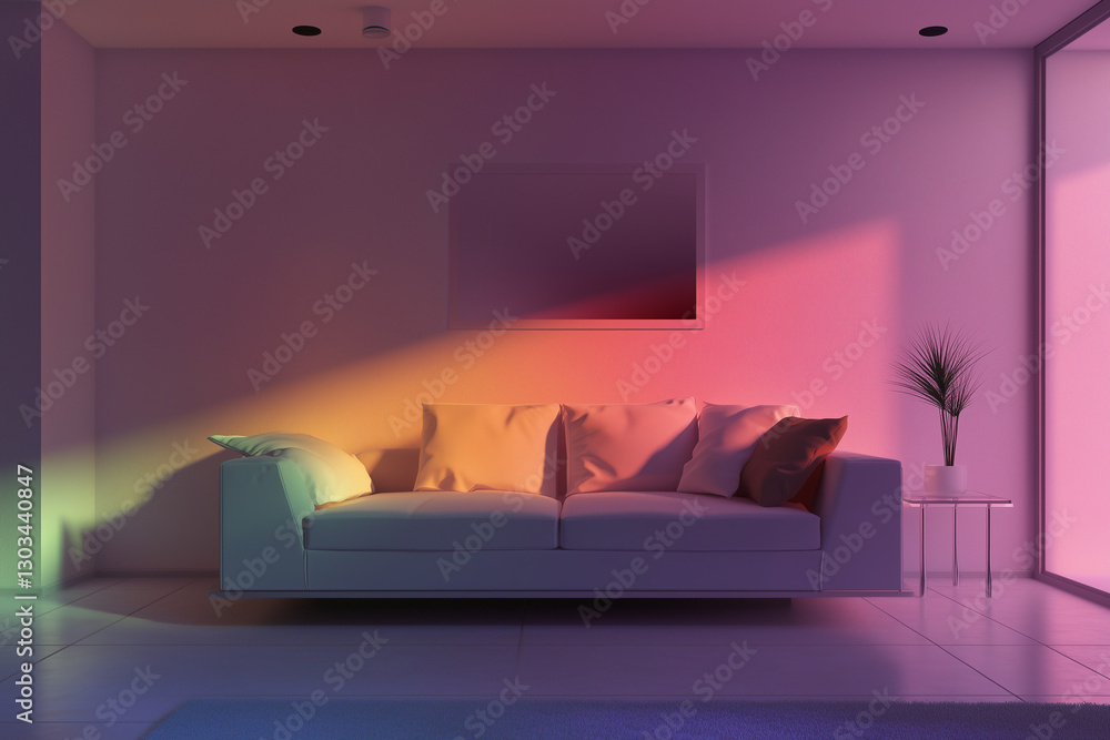 Aesthetic Neon-Lit Room with Colorful Sunset Glow