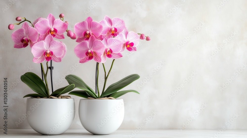 Delicate pink orchids bloom gracefully in sleek white pots, their soft petals exuding elegance against a minimalist backdrop. Delicate pink orchids bloom gracefully in sleek white pots, their soft petals exuding elegance against a minimalist backdrop.
