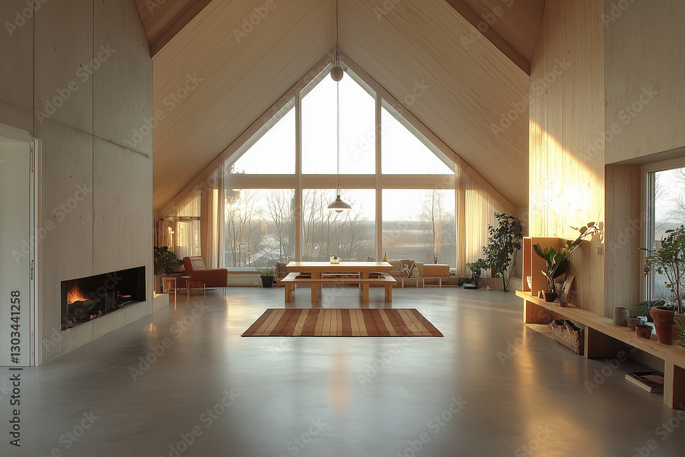 Scandinavian-Style Living Room with High Ceilings and Wooden Beams