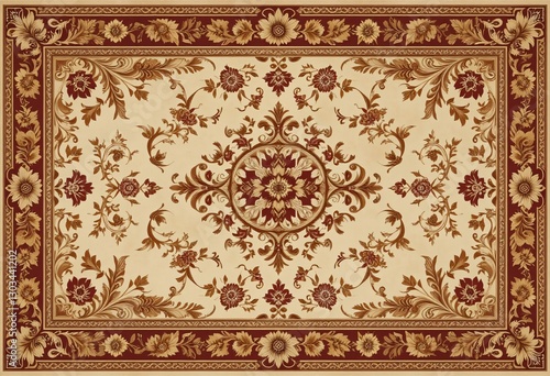 Elegant Floral Tapestry. Beige Canvas. Red And Gold Accents. Circular Motif. Symmetrical Radiance. Opulent Vines. Classical Style. Warmth Embodied. Intricate Border. Luxurious Feel. Interior Decor