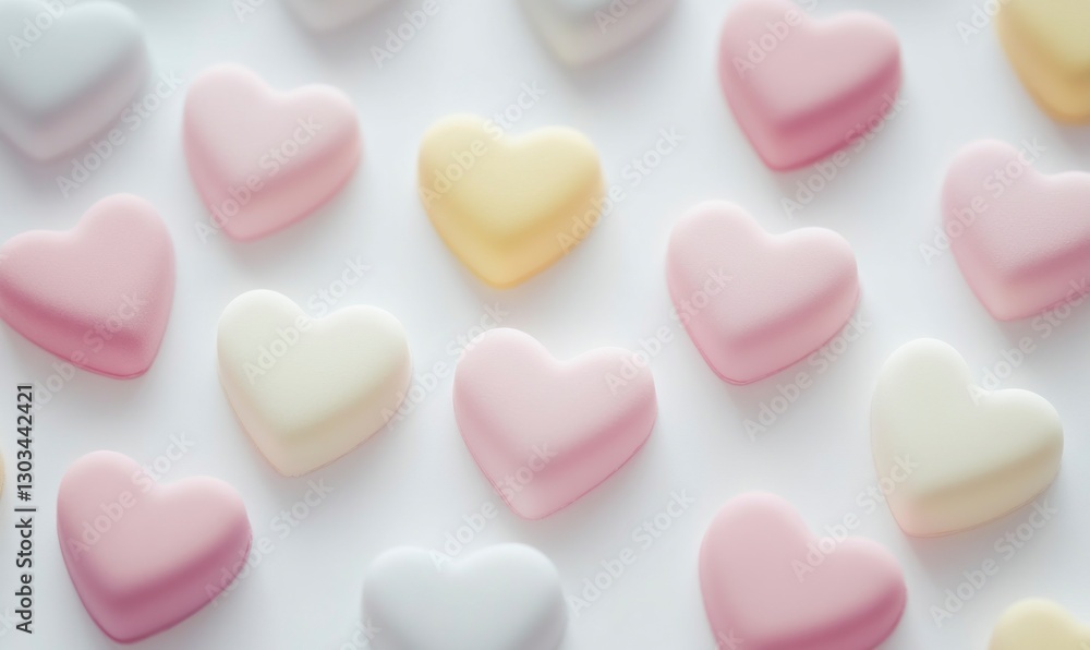 Blurred background with heart-shaped bokeh lights, pastel colors, white background