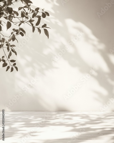 Serene off-white wall and floor with gentle leaf shadows ideal for minimalist product displays and photography setups