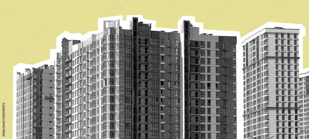Modern high-rise building in the city, featuring a concrete exterior and large windows. New multi-story condo development offering residential accommodation. Urban residence in a metropolitan Modern high-rise building in the city, featuring a concrete exterior and large windows. New multi-story condo development offering residential accommodation. Urban residence in a metropolitan