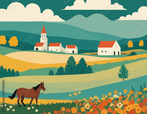 Eastern European countryside vector illustration featuring a horse in the foreground, vast rural fields, and a distant cityscape with a church tower. Scenic pastoral landscape, rustic village, farmlan