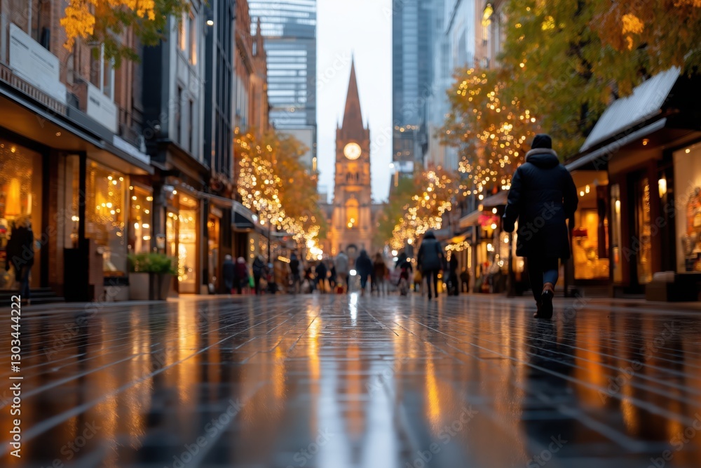 Obraz premium Dynamic urban street filled with shops and people during twilight creating a vibrant city lifestyle ambience