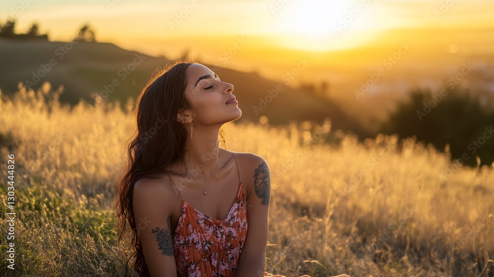 Obraz premium A woman relaxes and takes in some fresh air outdoors as the sun set.