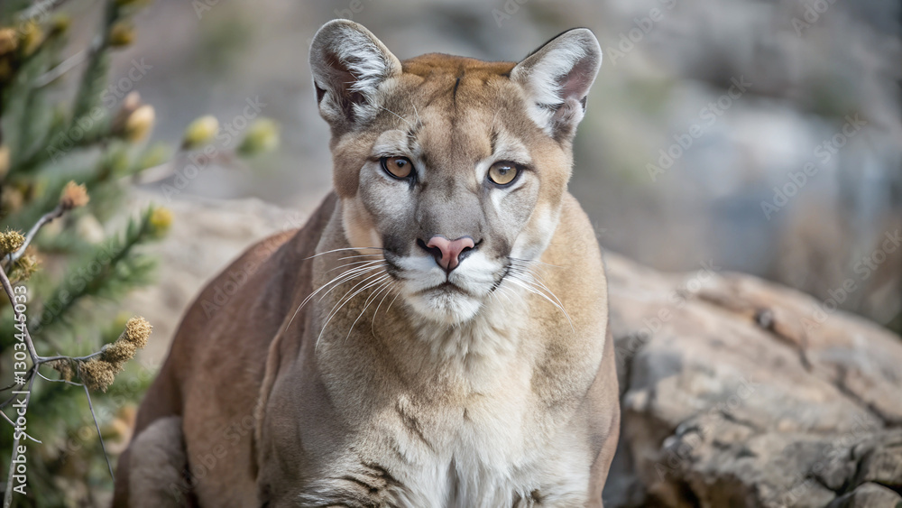 Fototapeta premium A mountain lion, its gaze intense and focused, commands the frame.Close-up of a cougar, showcasing its powerful build and alert expression.