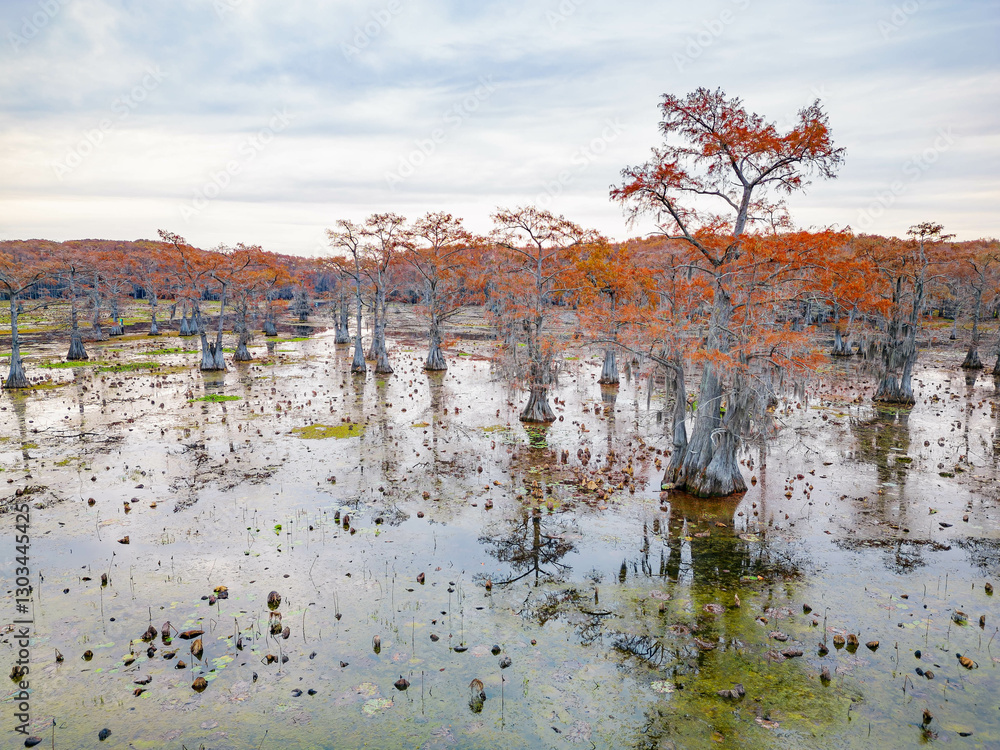 Aerial view of Caddo Lake State Park stunning fall colors.