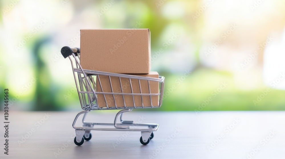 Small Shopping Cart with Cardboard Boxes in Natural Background Small Shopping Cart with Cardboard Boxes in Natural Background