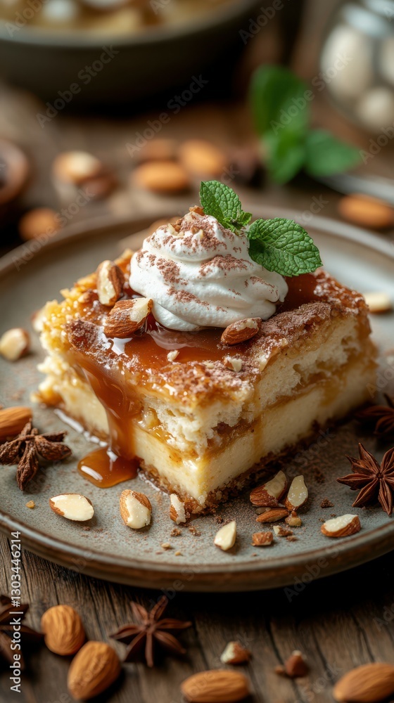 Delicious dessert featuring layers of creamy goodness topped with whipped cream, caramel, and almonds on a rustic wooden table Delicious dessert featuring layers of creamy goodness topped with whipped cream, caramel, and almonds on a rustic wooden table