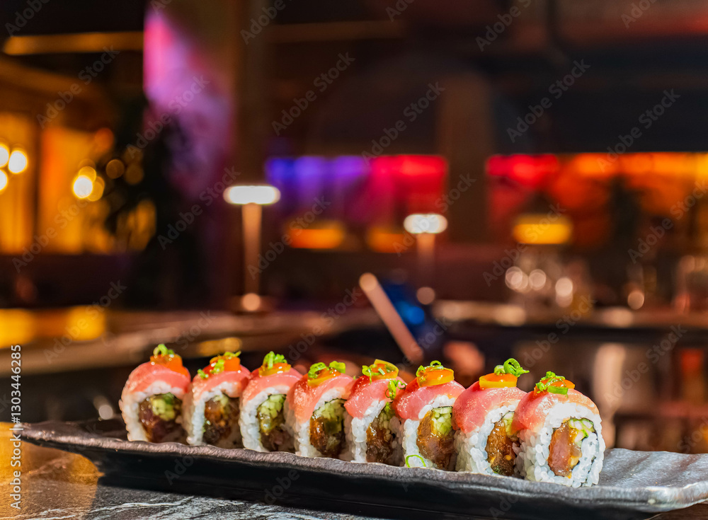 Close up shot of tuna sushi roll