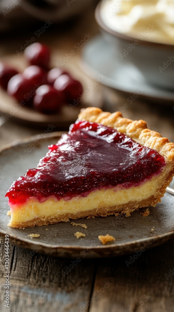 Slice of creamy cheesecake topped with vibrant cherry glaze on rustic wooden table with berries Slice of creamy cheesecake topped with vibrant cherry glaze on rustic wooden table with berries