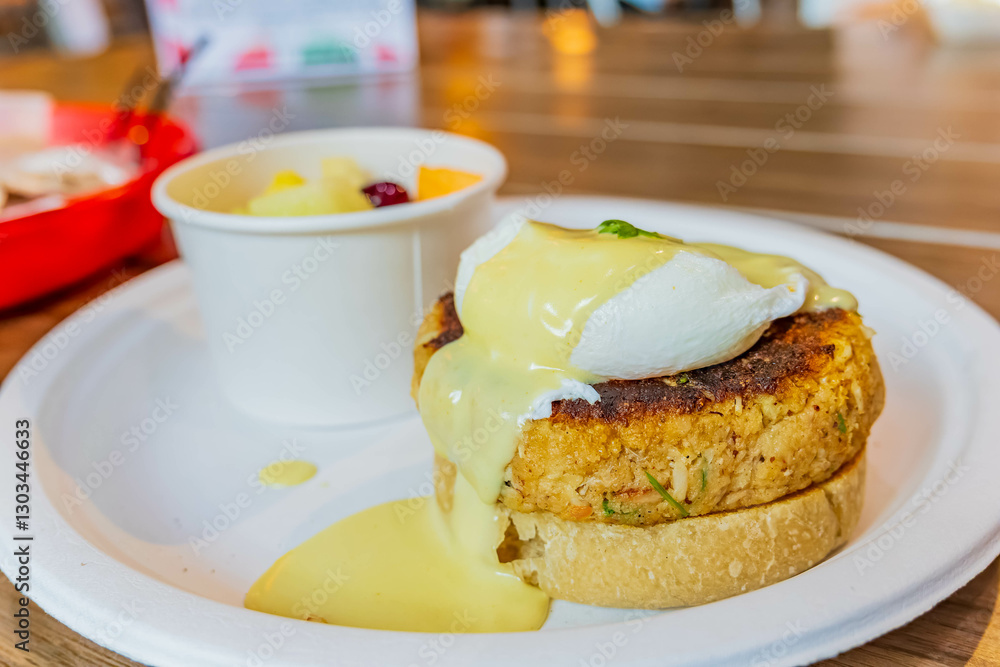 Close up shot of crab cake and benedict