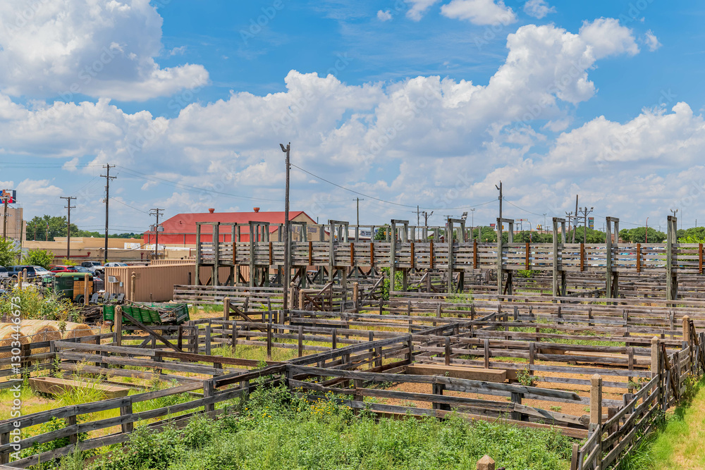 Sunny exterior view of the famous and historic Fort Worth Stockyards.