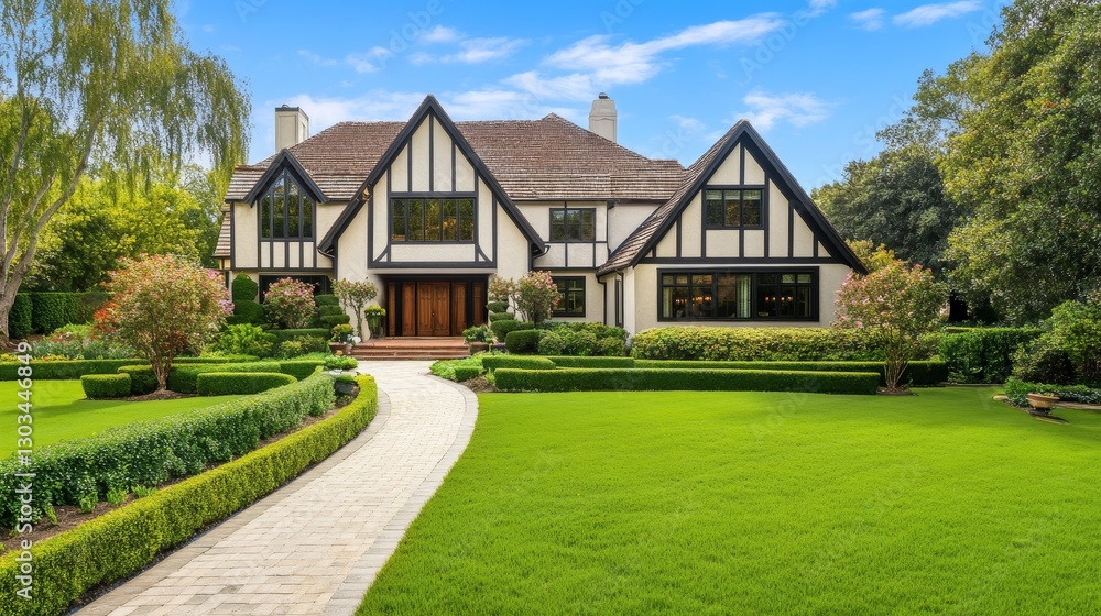 Elegant Tudor-style house surrounded by lush greenery and manicured lawns on a sunny day Elegant Tudor-style house surrounded by lush greenery and manicured lawns on a sunny day