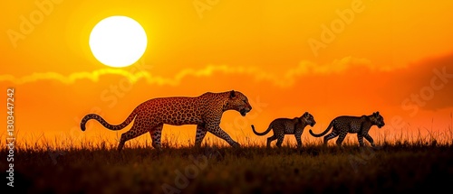 Fototapeta Naklejka Na Ścianę i Meble -  A mother leopard and her two cubs walking in the savannah at sunset