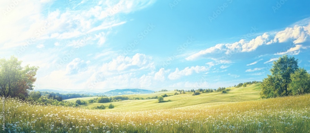 Obraz premium Breathtaking view of a sunny meadow with vibrant flowers under a clear blue sky.