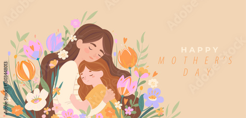 Happy mother day 2025,cute little girl greeting her mother. Horizontal banner with mom and daughter hugs among flowers.Template for design holiday poster, flyer, web, social media,web,greeting. Vector