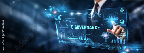 Canvas Print E-Governance: Businessman analyzing digital screen of graph data and policy implementation, digital transformation, public services, data transparency, and cybersecurity