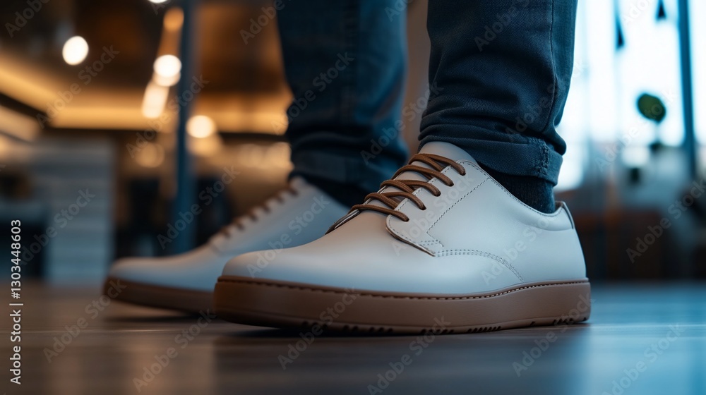 Man's white leather shoes on wooden floor in cafe Man's white leather shoes on wooden floor in cafe