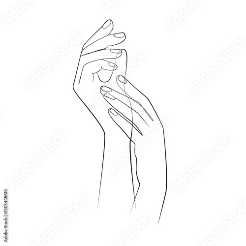 Elegant female hands one line drawing on white isolated background