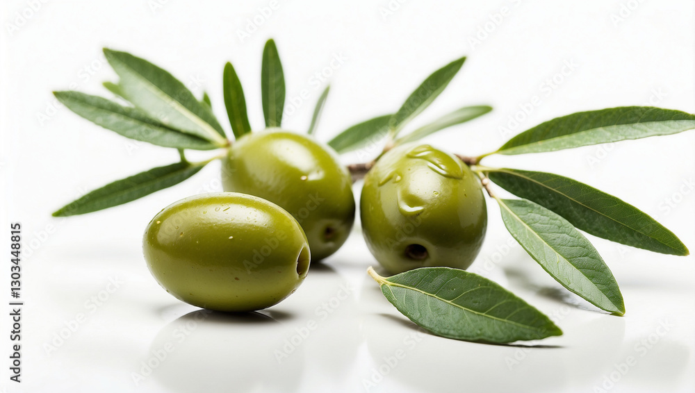 Obraz premium An Olive Branch with Two Green Olives Isolated for Culinary Use