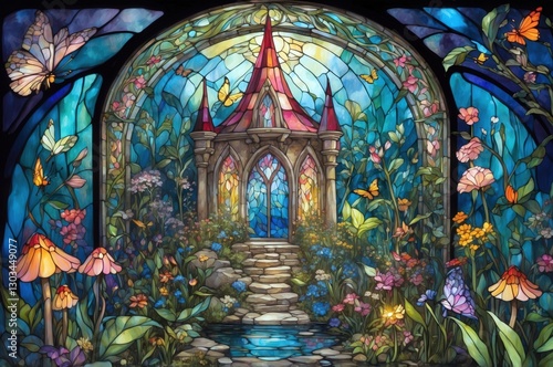 Colorful stained glass depicting a whimsical castle surrounded by flowers and butterflies in a magical garden setting