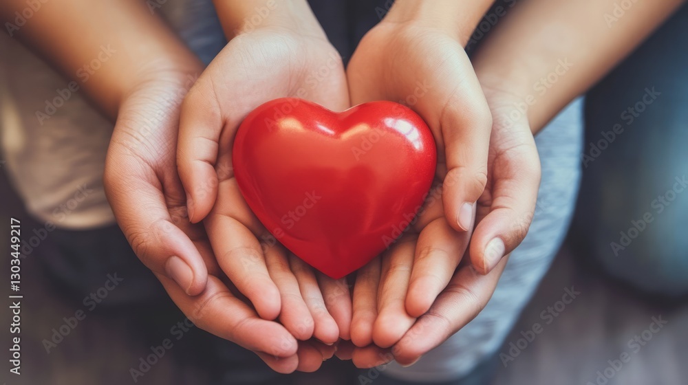 Family hands holding red heart, heart health insurance, charity volunteer donation, CSR responsibility, world heart day concept. Family hands holding red heart, heart health insurance, charity volunteer donation, CSR responsibility, world heart day concept.