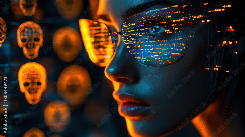 Futuristic hacker navigates a dark room filled with holographic code while orchestrating a cyber attack in real time amidst floating digital skulls