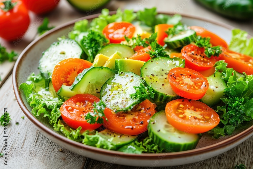 Fresh Garden Salad With Cherry Tomatoes, Cucumber, and Carrots on White Wooden Table Fresh Garden Salad With Cherry Tomatoes, Cucumber, and Carrots on White Wooden Table