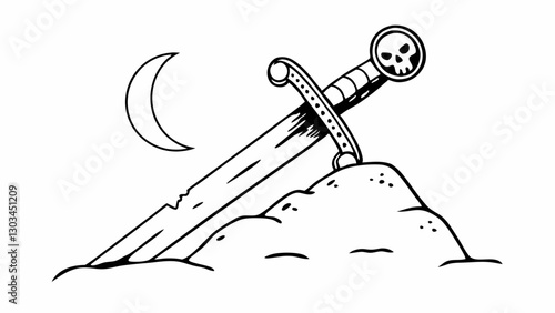 Pirate sword with a skull pommel stuck in a mound of sand under a crescent moon
