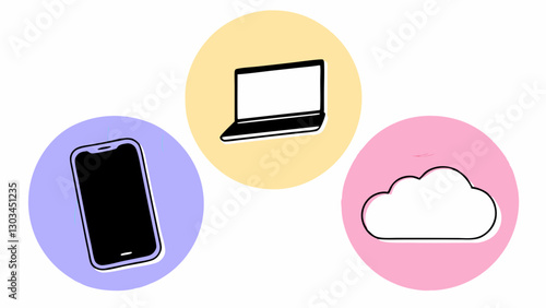 Smartphone, laptop, and cloud storage icons on colorful circular backgrounds