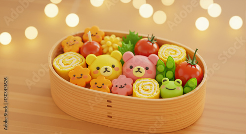 A cute 3D-rendered bento box with bear-shaped rice balls, sushi, and colorful cartoon-style food in a smooth wooden container. Aesthetic, playful, and beautifully arranged. 