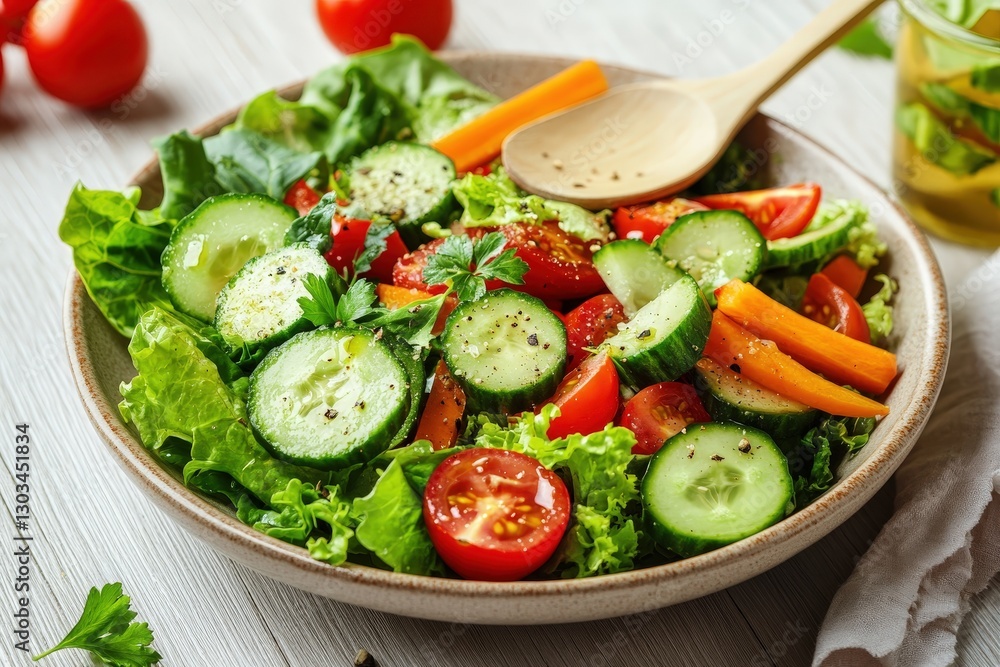 Fresh Garden Salad With Cherry Tomatoes, Cucumber, and Carrots on White Wooden Table Fresh Garden Salad With Cherry Tomatoes, Cucumber, and Carrots on White Wooden Table