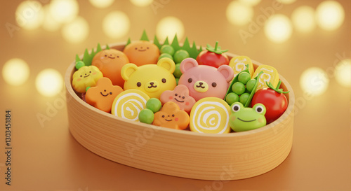 A cute 3D-rendered bento box with bear-shaped rice balls, sushi, and colorful cartoon-style food in a smooth wooden container. Aesthetic, playful, and beautifully arranged. 