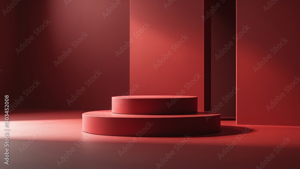 Minimalist Red Podium with Dramatic Lighting and Shadows Minimalist Red Podium with Dramatic Lighting and Shadows