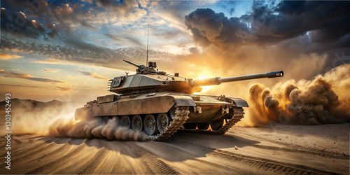 A military tank moves rapidly across a sandy desert terrain during sunset. Dust is thrown up behind it as powerful sunlight highlights the vehicle, emphasizing its strength and agility