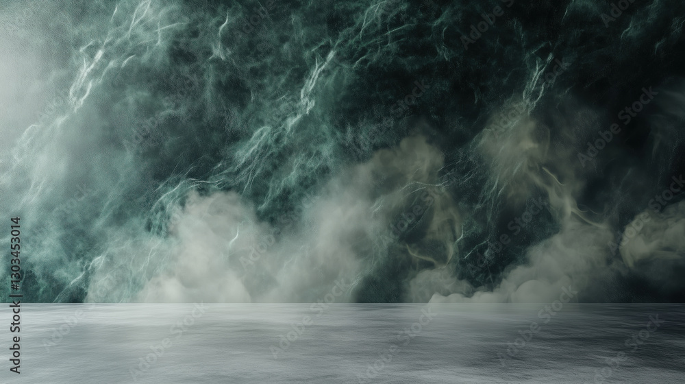 Obraz premium Minimalist Studio Room with Polished Concrete Floor and Deep Green Marble Background Featuring Swirling Smoke for a Moody Luxury Product Showcase