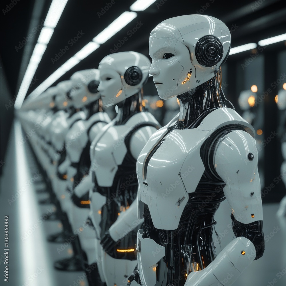 3d rendering of a group of robots lined up in a row 3d rendering of a group of robots lined up in a row