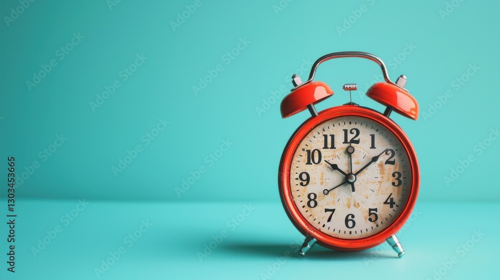 Retro Red Alarm Clock on Teal Background: Time Management and Punctuality Concept Retro Red Alarm Clock on Teal Background: Time Management and Punctuality Concept