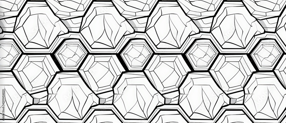 Symmetrical hexagonal patterns showcase an assortment of geometric shapes and lines, creating a visually arresting design in a monochromatic color scheme. Symmetrical hexagonal patterns showcase an assortment of geometric shapes and lines, creating a visually arresting design in a monochromatic color scheme.