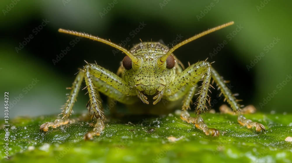 Naklejka premium A close-up of a green grasshopper perched on a leaf, showcasing its intricate details and textures.