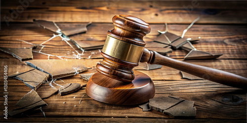 A court gavel is positioned prominently on a wooden base alongside broken glass shards and splintered wood, indicating a disruption in a legal setting, possibly following a tense moment