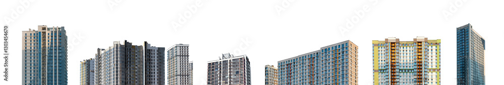 Modern multistorey apartment buildings set in a metropolitan city. Tall, concrete condominium, residential housing in a developing urban neighborhood. Isolated on white background. Modern multistorey apartment buildings set in a metropolitan city. Tall, concrete condominium, residential housing in a developing urban neighborhood. Isolated on white background.